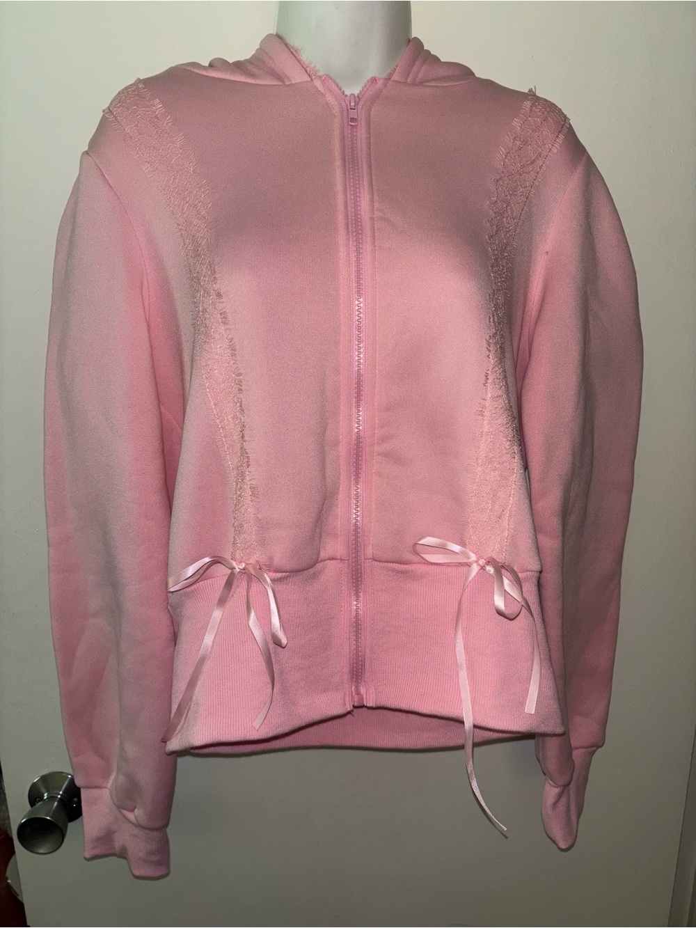 Babydoll Soft Pink Zip-Up Hoodie Jacket Sweatshirt bow lace - Small